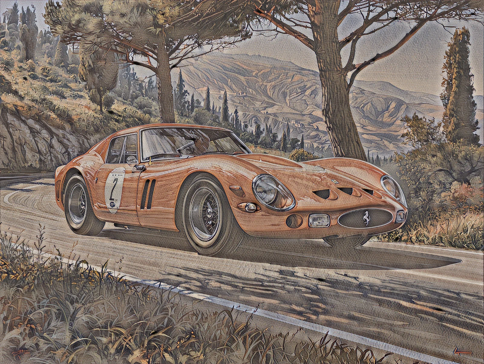 Geschilderd fresco van een klassieke Ferrari 250 GTO op een Toscaanse bergweg, met een fijn craquelenet over het hele oppervlak.